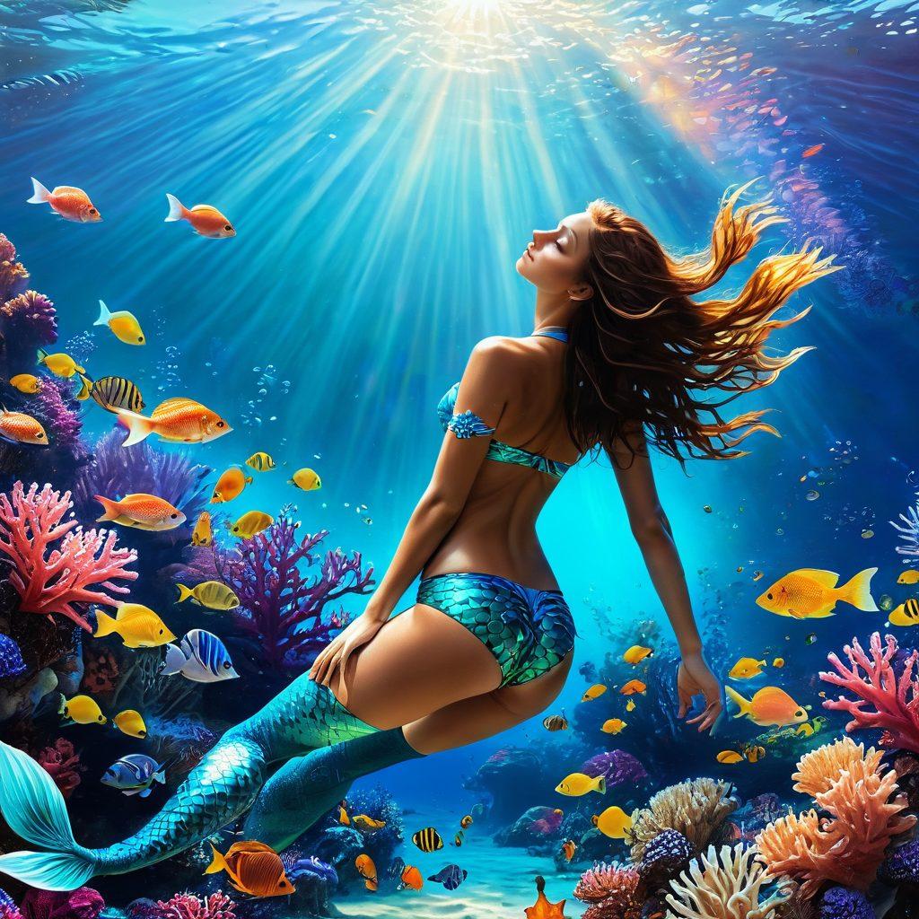 A captivating underwater scene showcasing a graceful mermaid with shimmering scales wearing trendy thong swimwear and a vibrant bikini, surrounded by colorful tropical fish and coral reefs, illuminated by golden sunlight filtering through the water. The background features a dreamy seascape with bubbles and soft waves, creating a magical, summer vibe. colorful and surreal. vibrant colors. super-realistic.